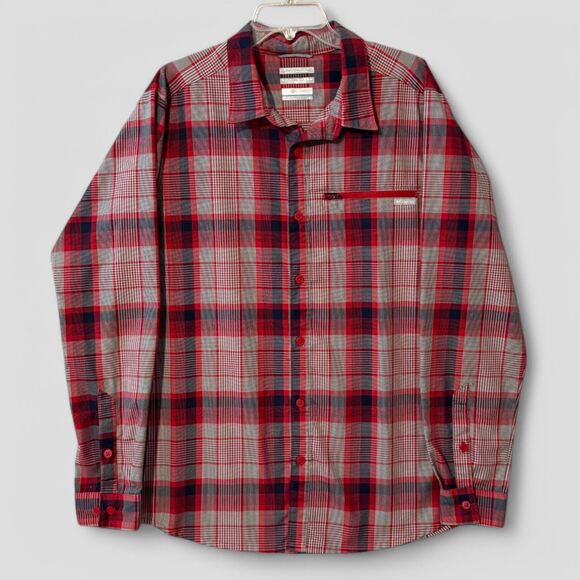 Columbia Men's Plaid Flannel Omni-Shade Zip Pocket Fishing Shirt Red Gray Sz Lrg - Picture 1 of 6
